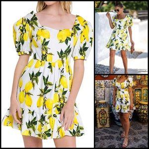 English Factory Lemon Puff Sleeve Ruffle Dress